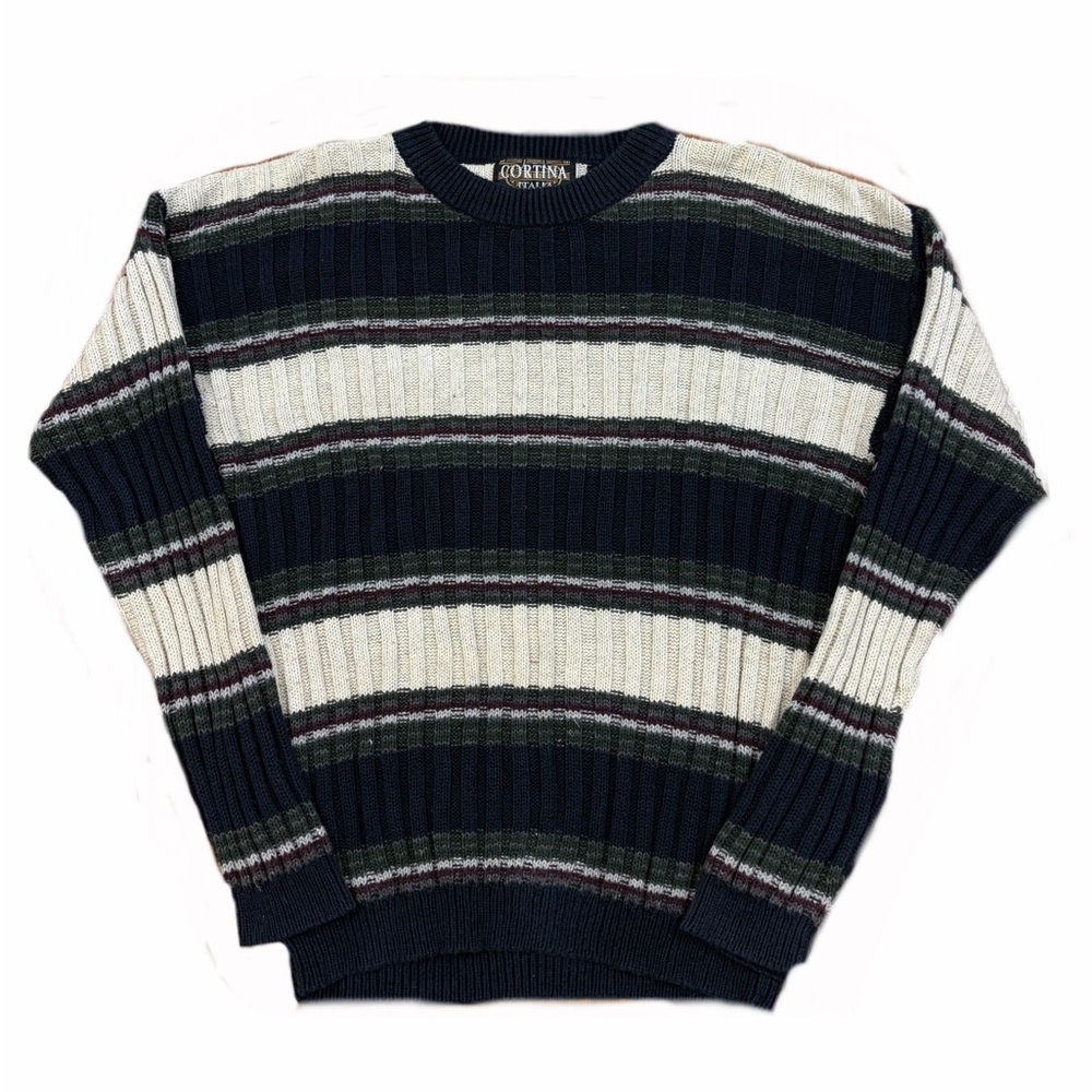 Vintage Cortina Italia Sweater Mens Medium Blue Striped Crewneck Chunky Knit 90s